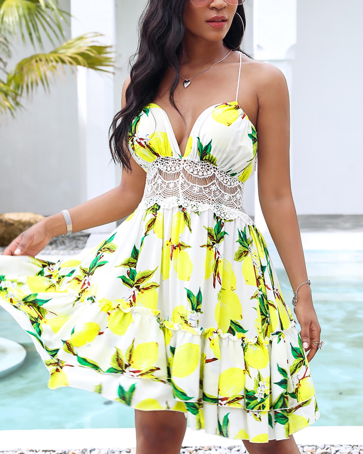 

Fruit Leaf Print Lace Insert Tassel Backless Skater Dress, Yellow