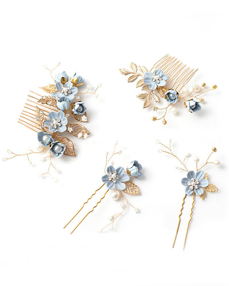 

4pcs Wedding Bridal Hair Comb Clips Leaf Pearl Hairpins Crystal Floral Jewelry Headpieces Set, Blue