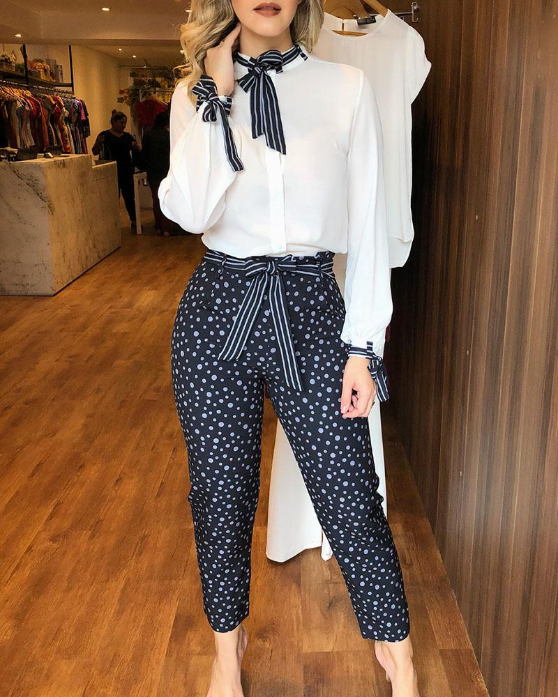 

Tied Detail Top & Polkadot Print Pants Set, Black