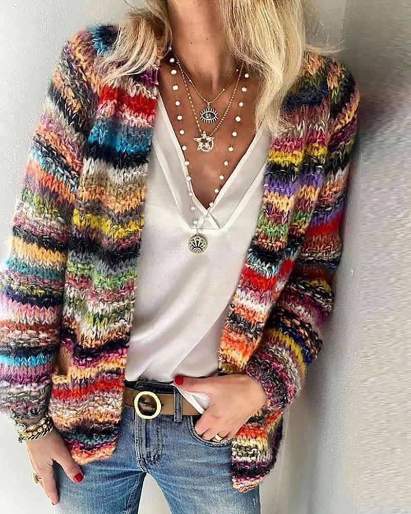 

Rainbow Stripe Pattern Open Front Knit Cardigan, Red