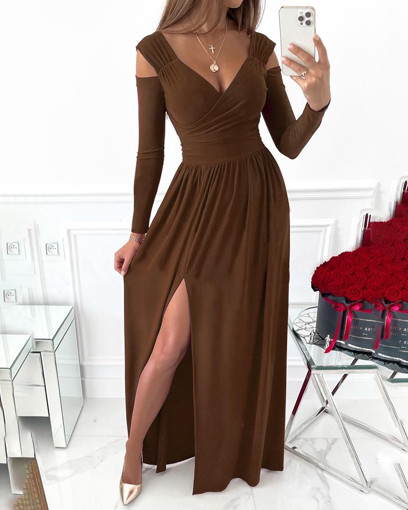 

Cold Shoulder Long Sleeve Slit Evening Dress, Coffee