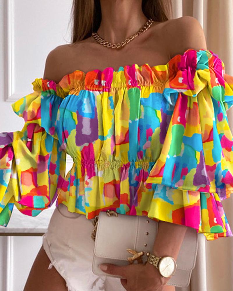 

Multi Colors All Over Print Ruffles Off Shoulder Top, Multicolor