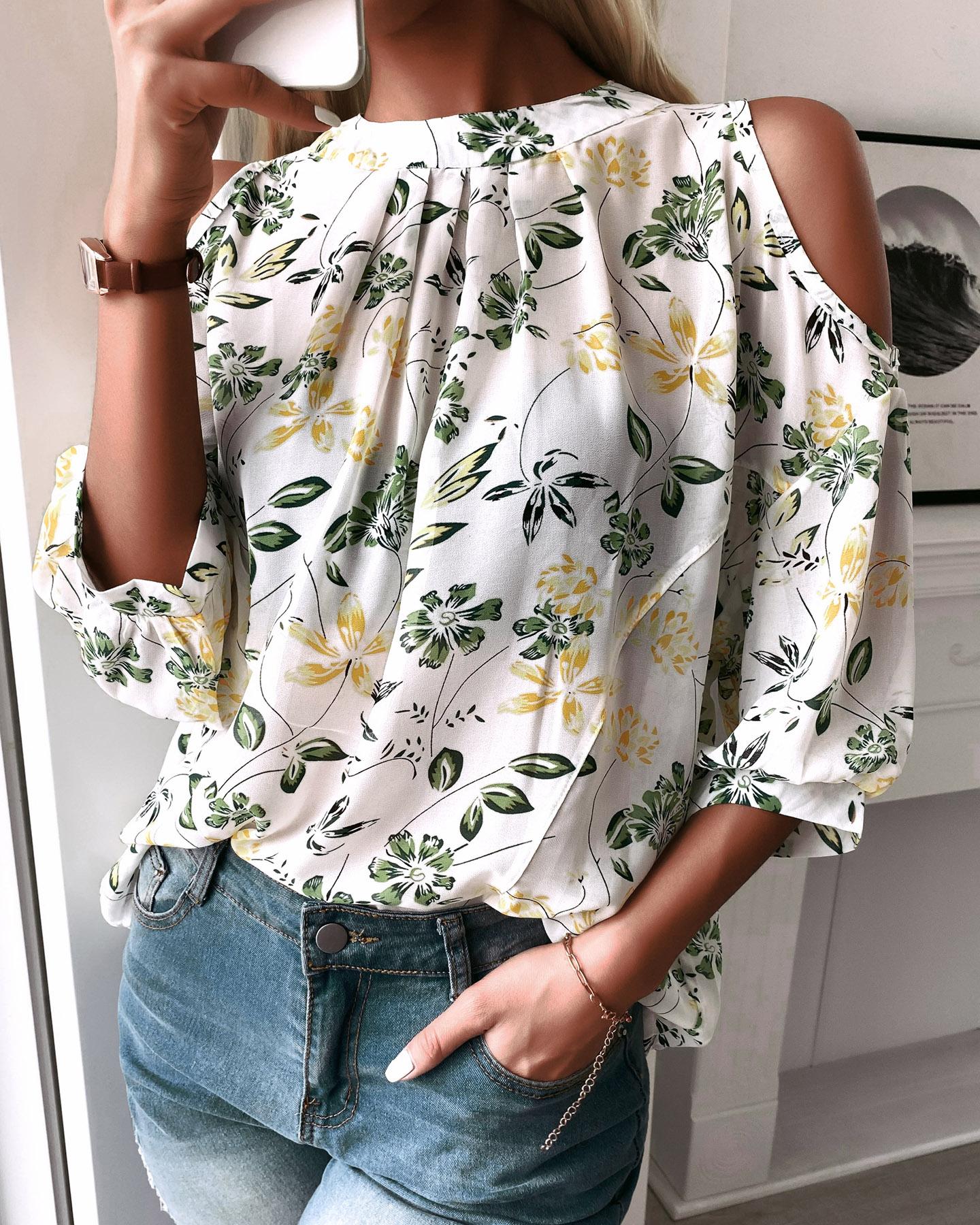 

Cold Shoulder Floral Print Top, White