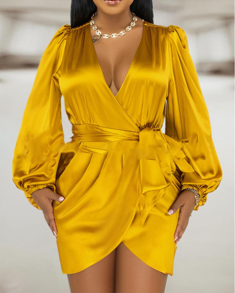 

Satin Lantern Sleeve Ruched Tied Detail Party Dress, Yellow