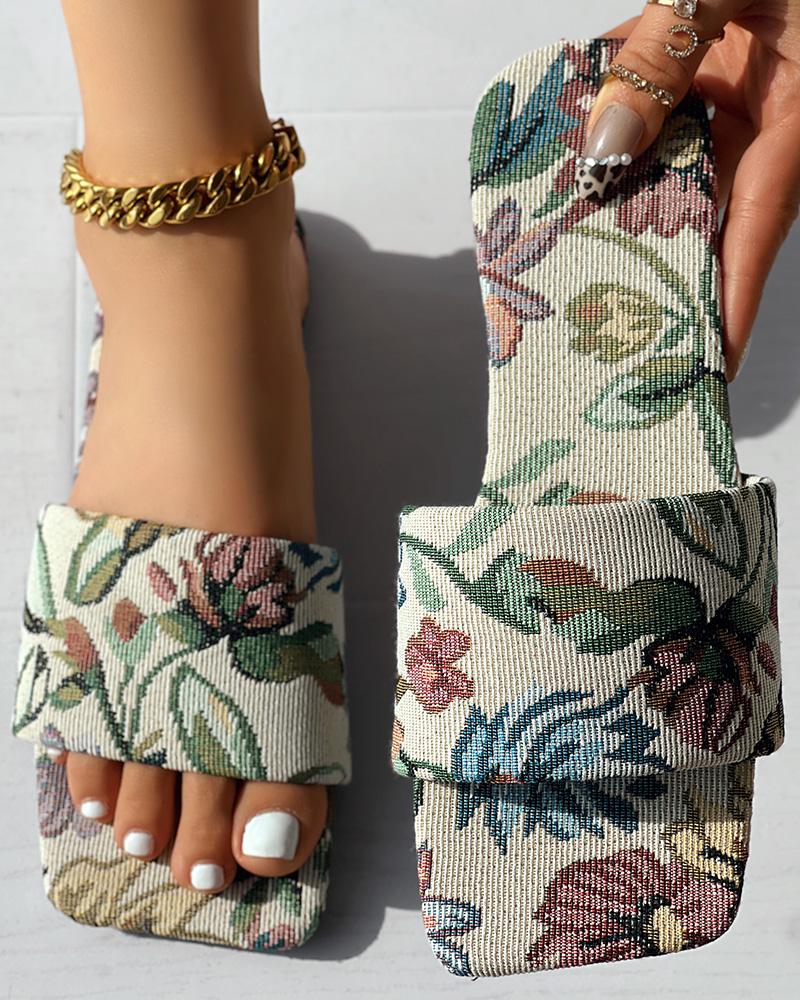 

Chinelos quadrados com estampa floral aleatória, Beige