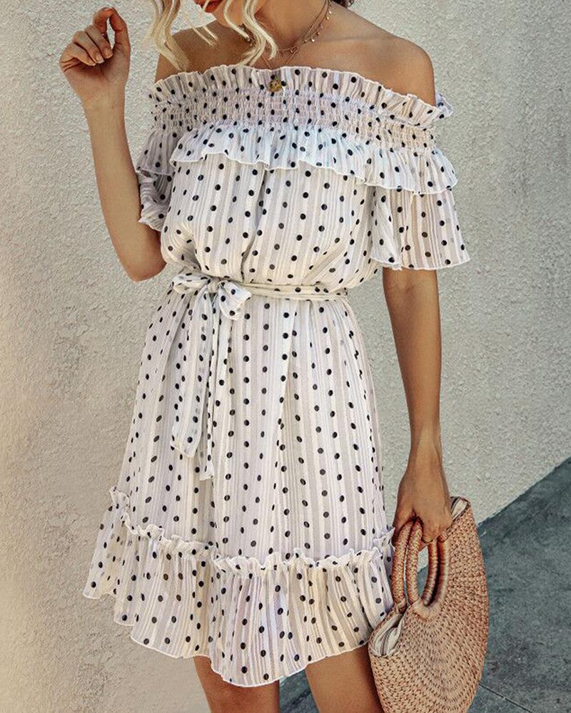 

Off Shoulder Ruffles Dot Print Dress, White
