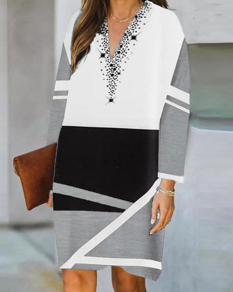 

Geometric Print Long Sleeve Casual Dress, White
