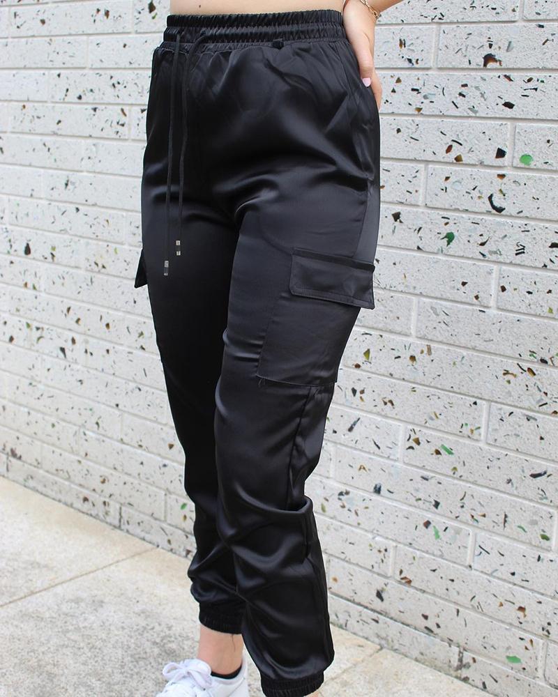 

Drawstring Pocket Design Cargo Pants, Black