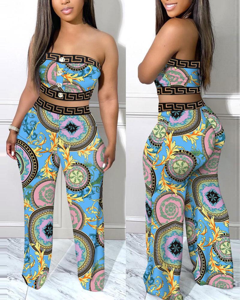 

Baroque Geo Print Crop Tube Top & Pants Set, Multicolor