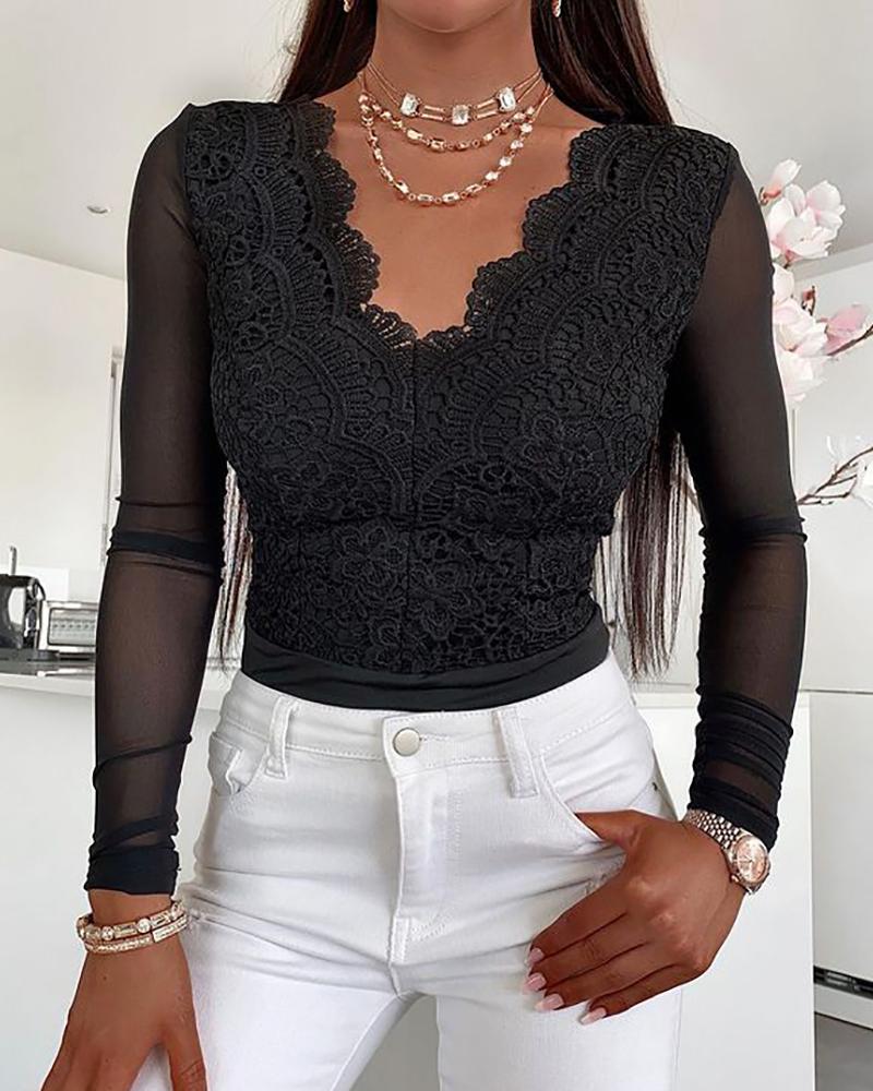 

Sheer Mesh Crochet Lace Long Sleeve Bodysuit, Black