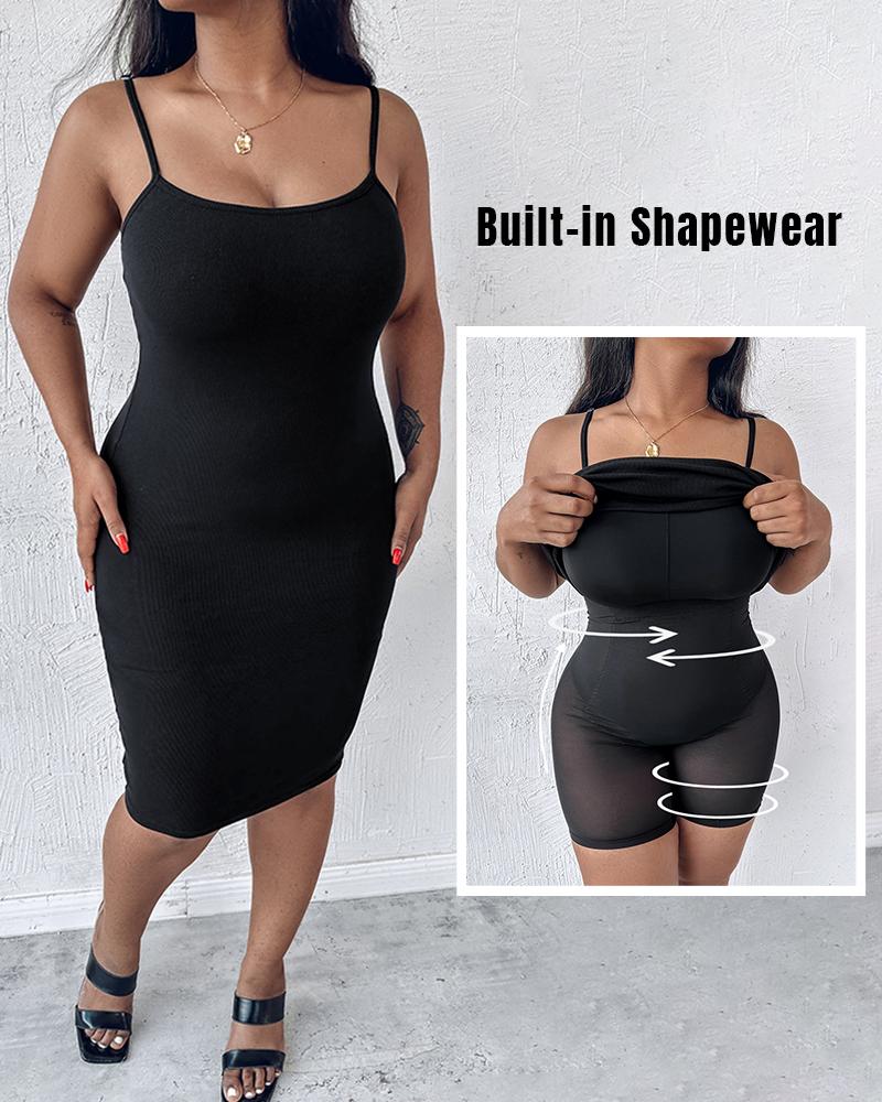 

Shapewear Dress Bodycon Midi Dress Built-in Bra Summer Casual Tummy Control Slip Dress with Adjustable Straps, Black