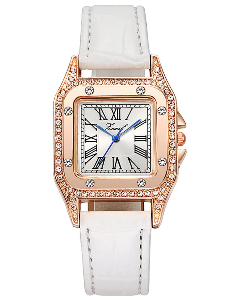 

1pc Rhinestone Leather Band Square Quartz Watch, White