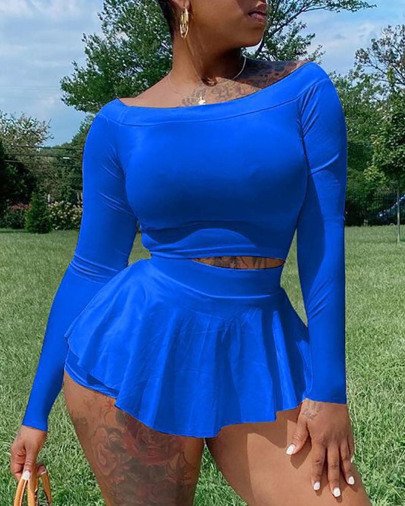 

Skinny Long Sleeve Crop Top & Skorts Set, Blue