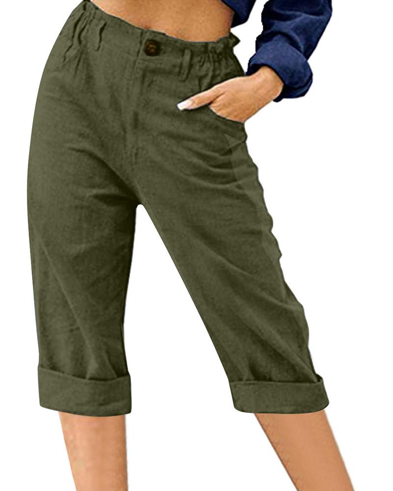 

High Waist Pocket Design Capris Pants, Army green