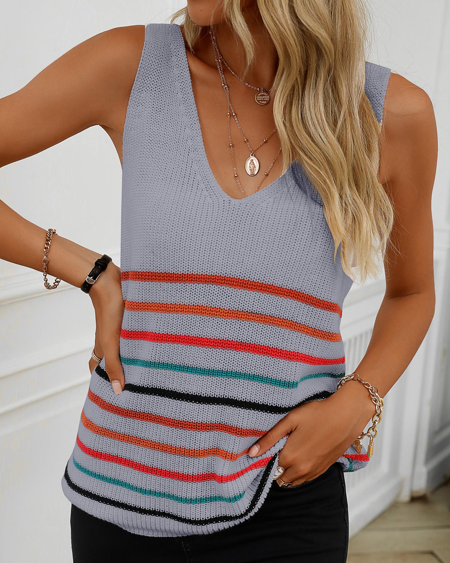 

Striped V-Neck Knitted Tank Top, Gray