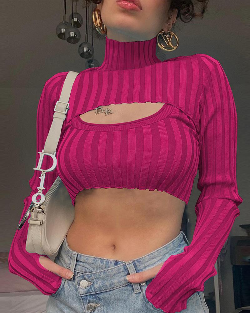 

Ribbed High Neck Super Crop Top With Camisole, Hot pink