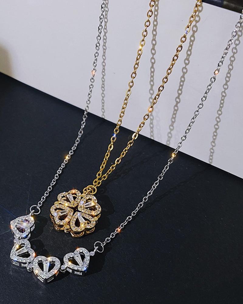 

1pc Magnet Heart Four Leaf Clover Pendant Necklace, Gold