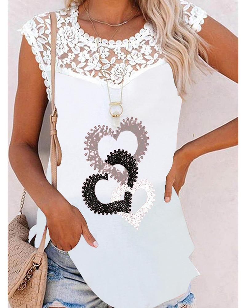 

Heart Print Contrast Lace Tank Top, White