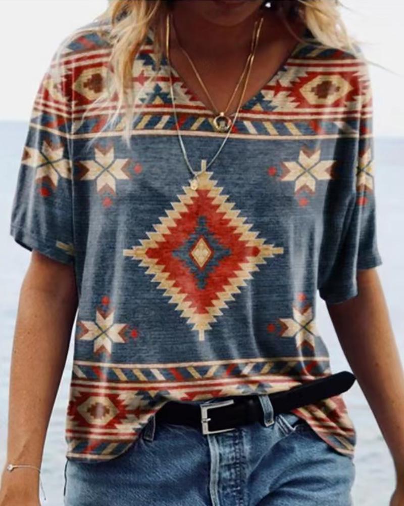 

Vintage Tribal Print Short Sleeve Casual T-shirt, Style2