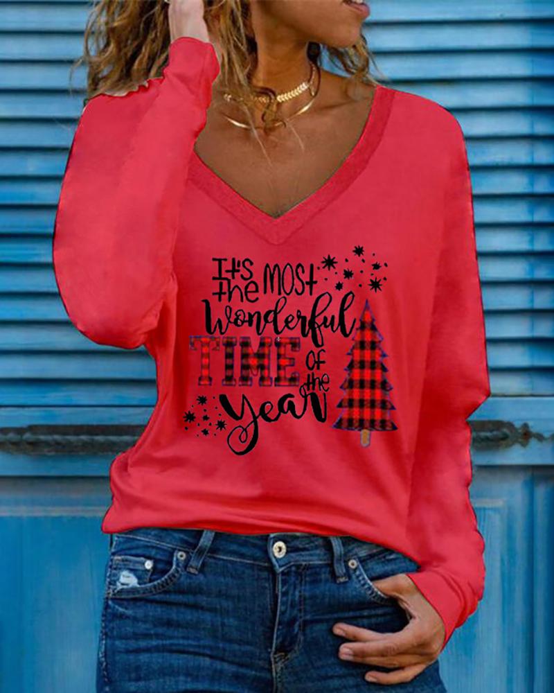 

Christmas Letter Tree Plaid Print Long Sleeve Top V-Neck Casual Shirt, Red