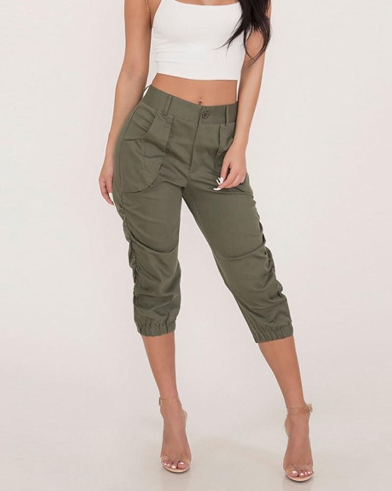 

Pocket Detail Ruched Capris Tapered Pants, Green