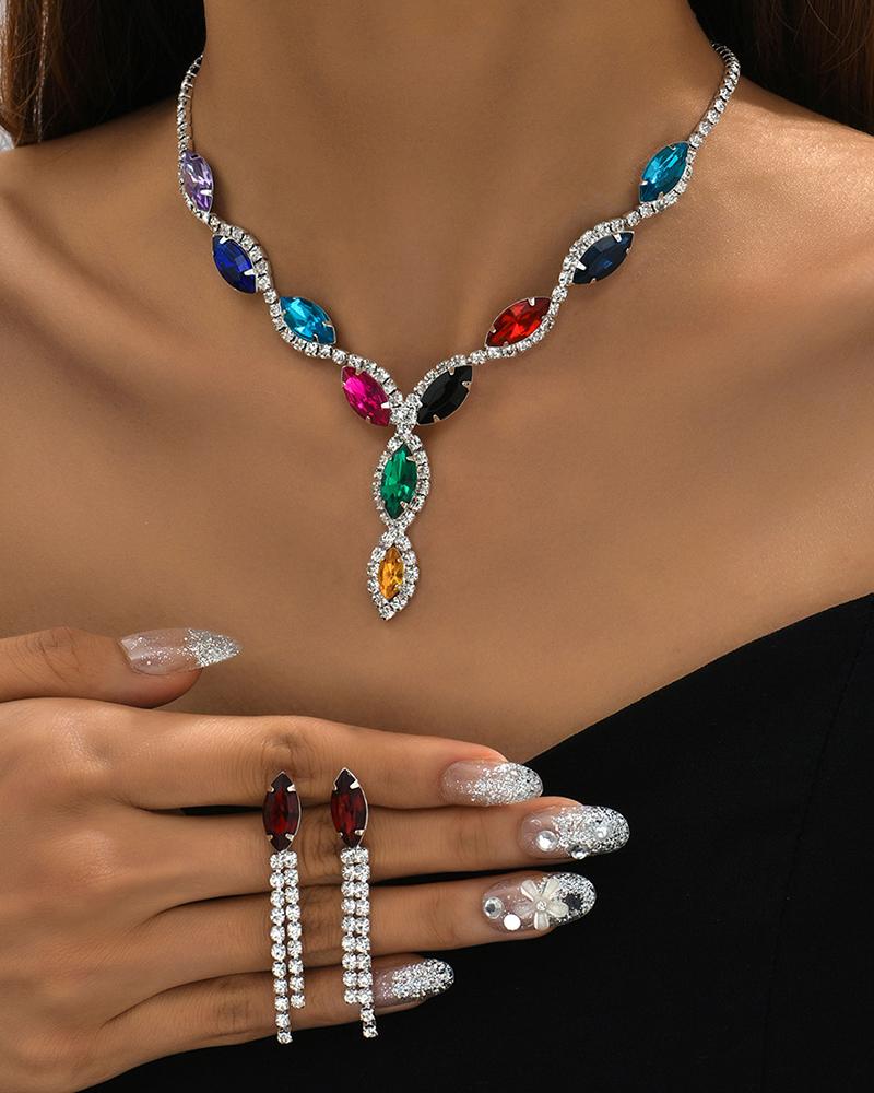 

2PCS Rhinestone Eye Shaped Gemstone Wave Pendant Necklace & Drop Earrings Evening Party Wedding Jewelry Set, Multicolor