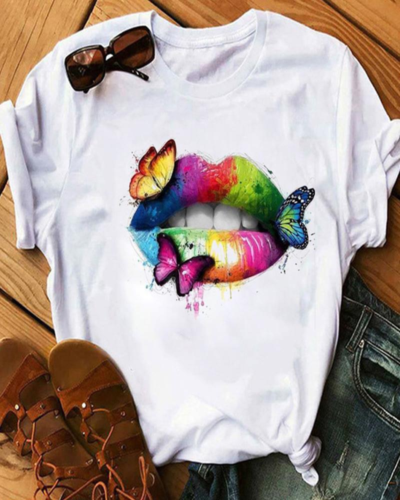 

Lip Print Short Sleeve Casual T-shirt, Style6