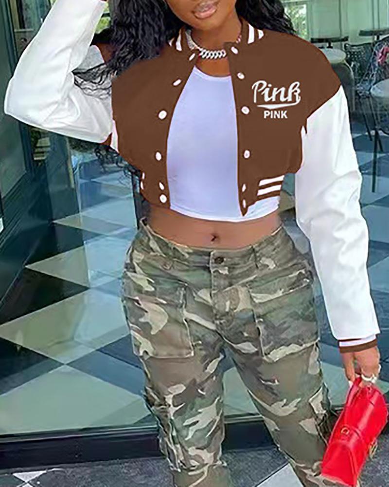 

Letter Print Striped Colorblock Buttoned Baseball Jacket, Brown