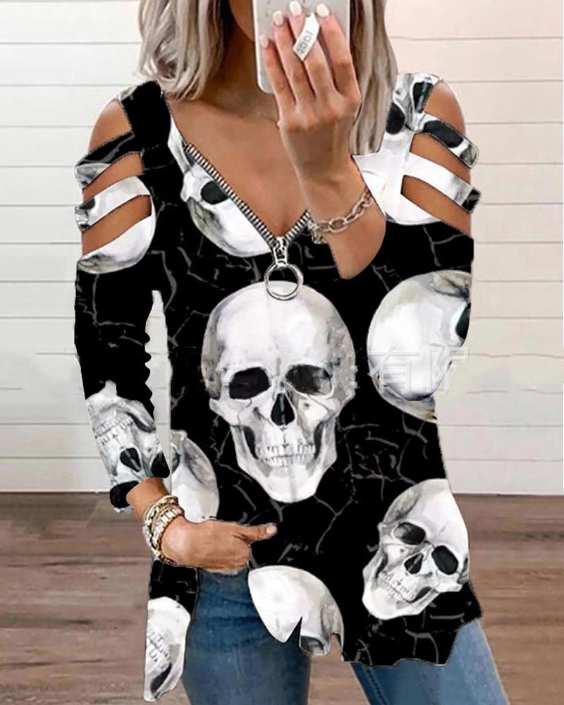

Halloween Skull Print V Neck Zipper Design Cutout Top, White