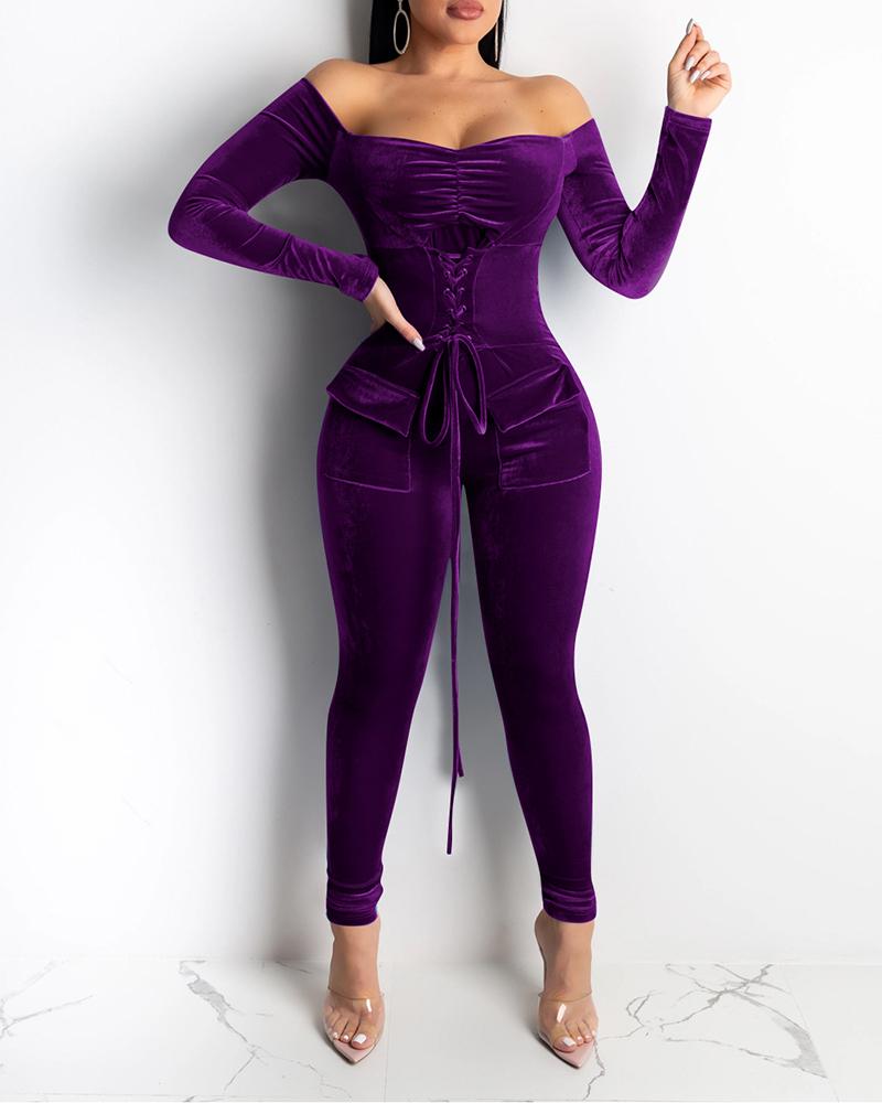 

Solid Long Sleeve Lace-up Jumpsuit, Purple