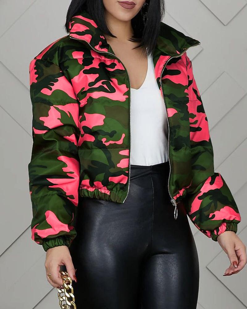 

Camouflage Print Zipper Design Padded Coat, Pink