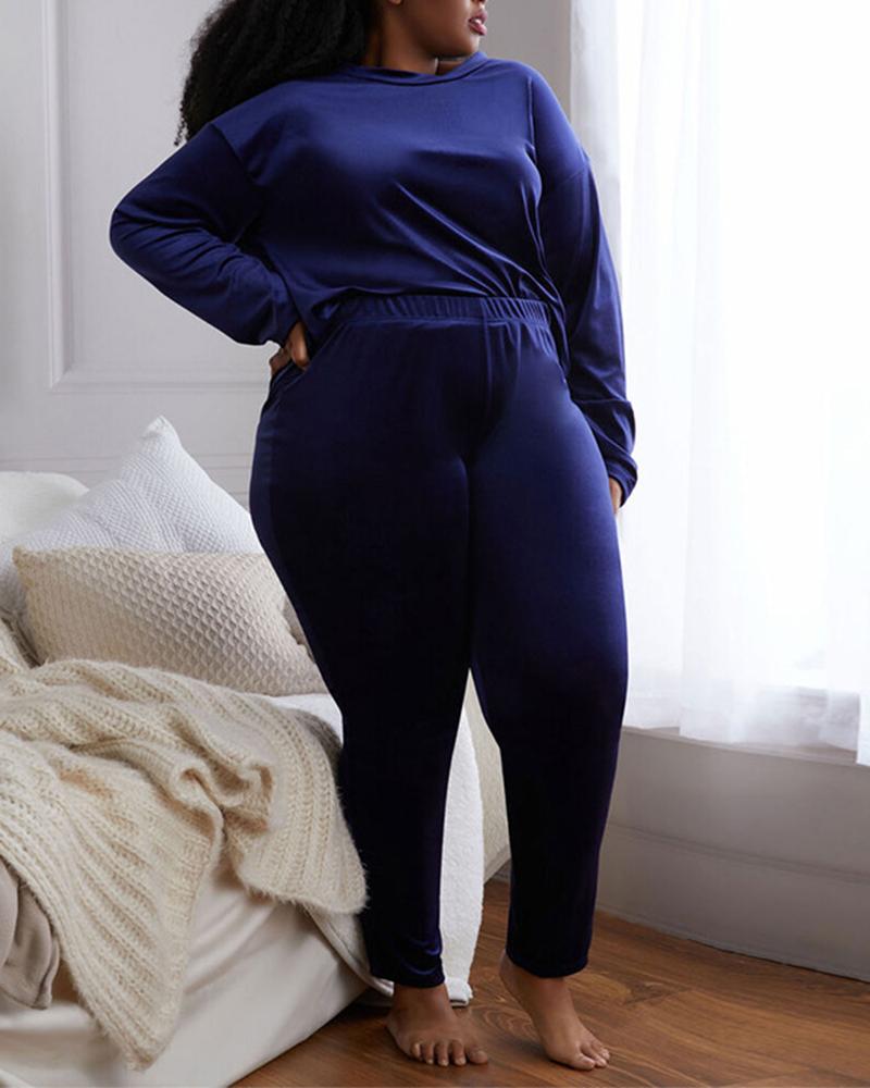 

Plus Size Velvet Long Sleeve Top & Pants Set, Blue