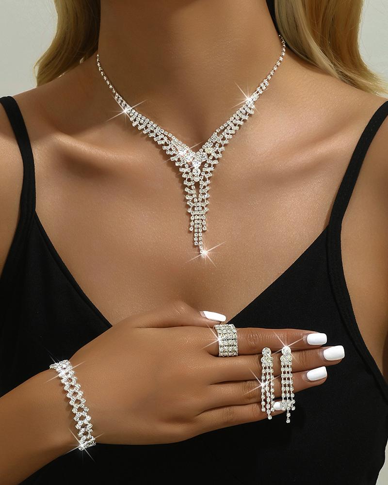 

4PCS Tassel Design Hollow Out Rhinestone Pendent Necklace & Drop Earrings & Ring & Bracelet Wedding Jewelry Set, Silver