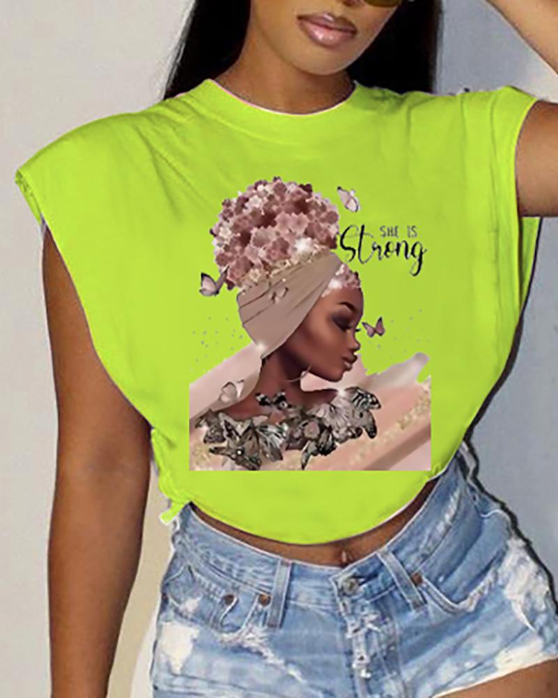 

O-Neck Figure Print T-shirt, Green