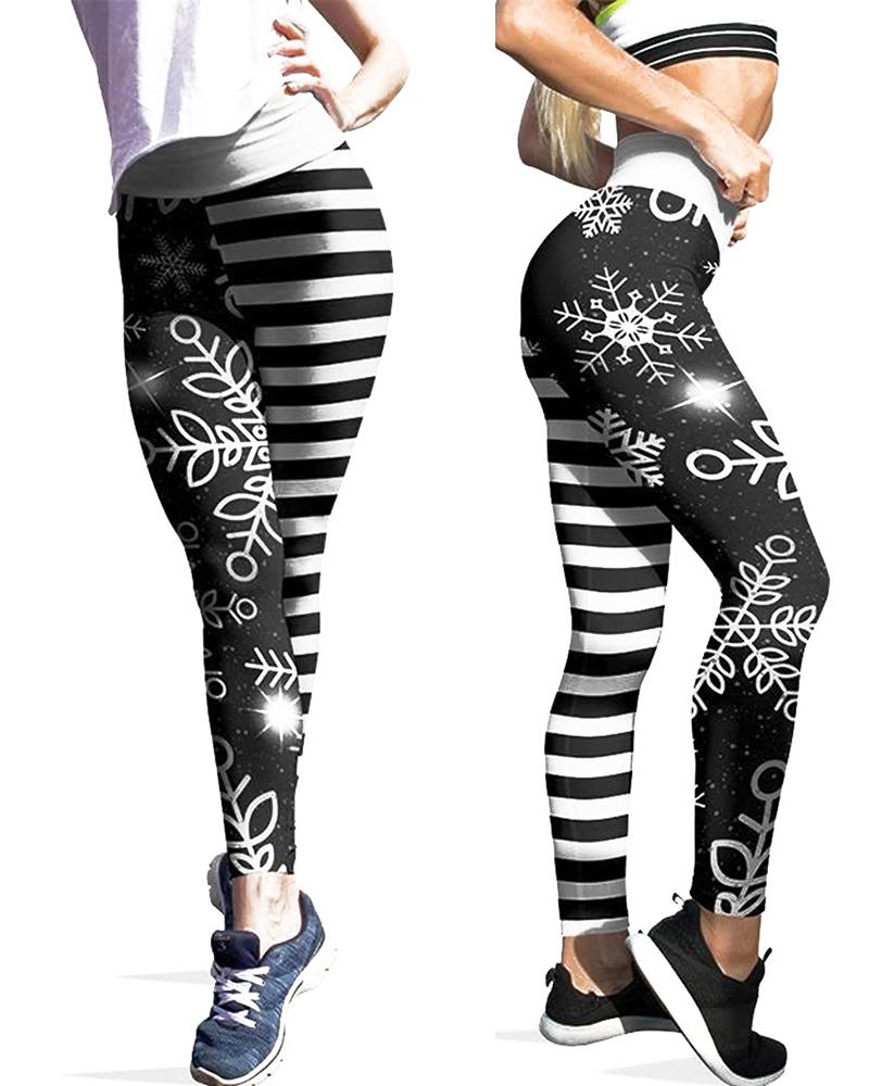

Christmas Striped Snowflake Print High Waist Leggings, Black