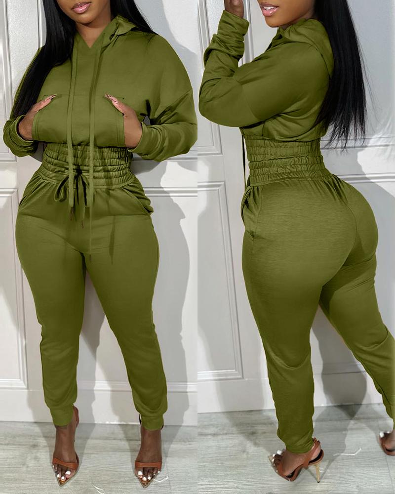 

Shirred Pocket Design Crop Hoodie & High Waist Cuffed Sweatpants Set, Green