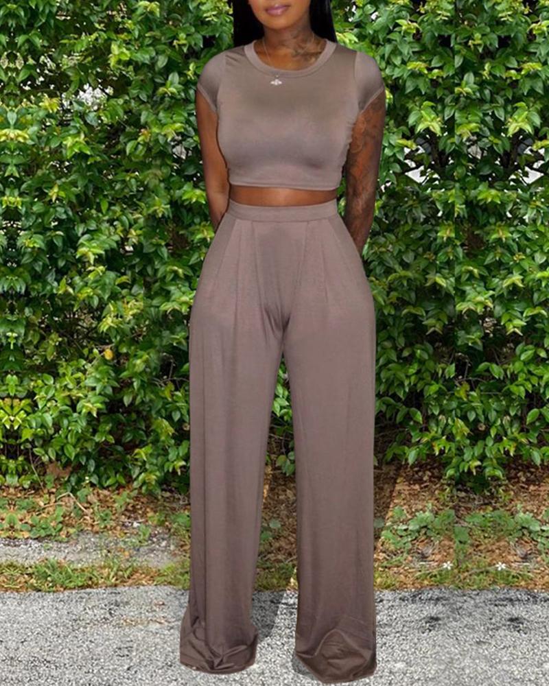 

Solid Crop Women Top & Pants Set, Coffee