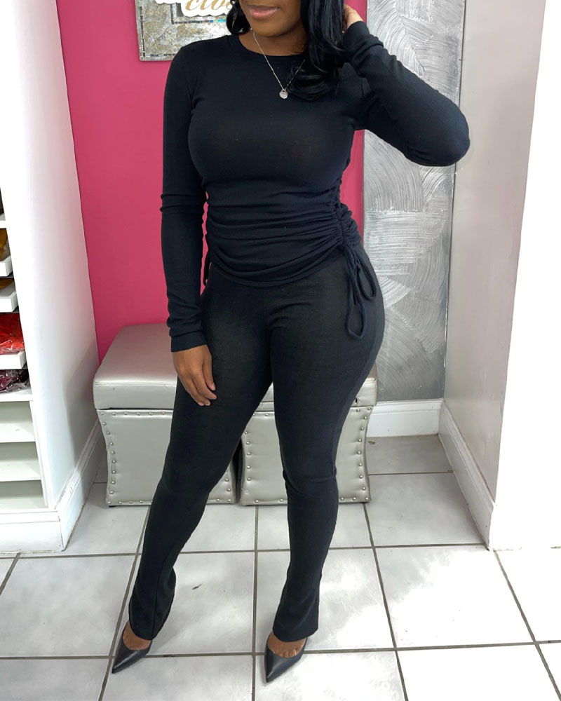 

Long Sleeve Drawstring Ruched Top & Bootcut Pants Set, Black