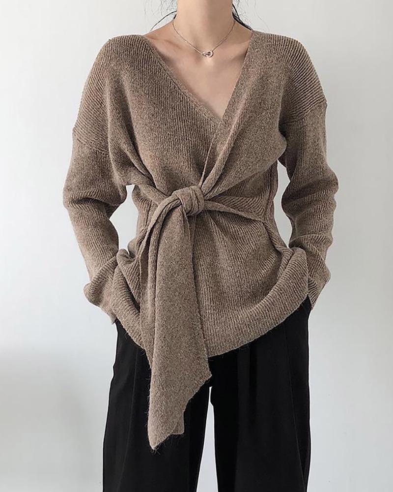 

Long Sleeve Knotted Casual Sweater, Khaki