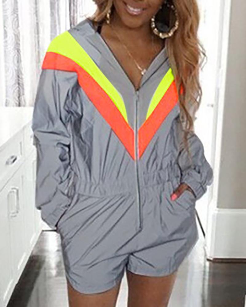 

Contrast Hooded Zipper Design Casual Romper, Gray