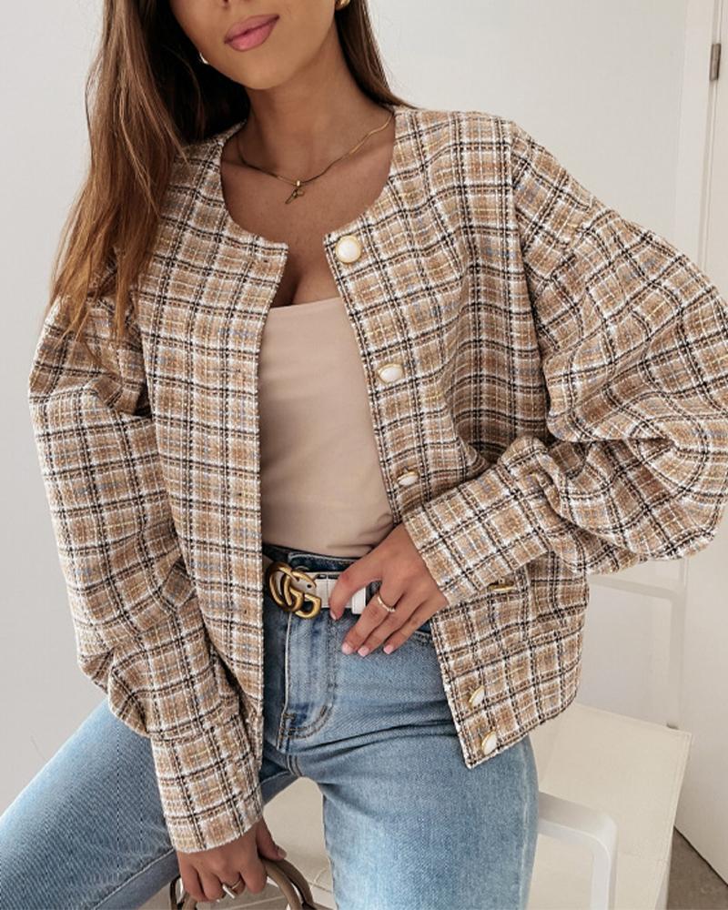 

Plaid Single Breasted Drop Shoulder Bomber Jacket, Khaki