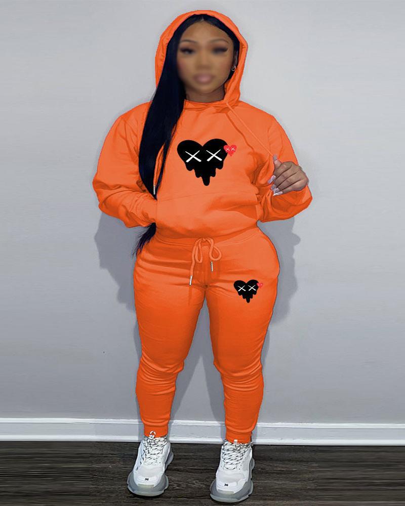 

Plus Size Heart Print Casual Hoodie & Pants Set, Orange