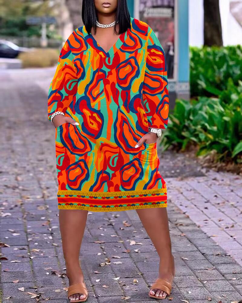 

Plus Size Multi-Color Abstract Print Pocket Design Casual Dress, Orange