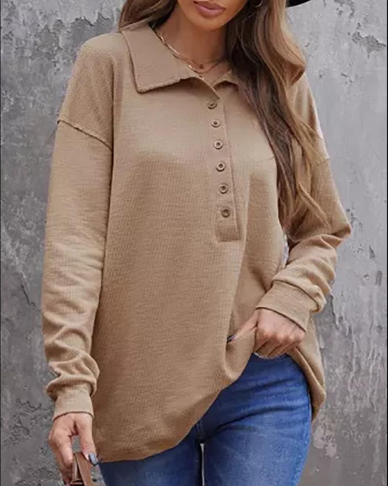 

Button Front Long Sleeve Knit Top, Khaki