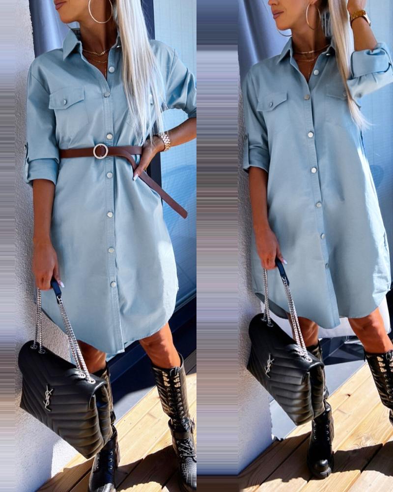 

Pocket Design Asymmetrical Buttoned Work Dress, Blue