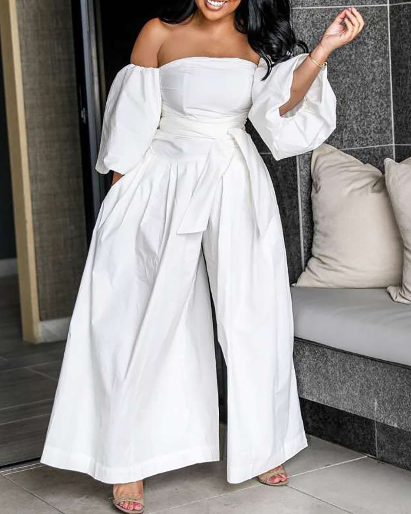

Plus Size Off Shoulder Lantern Sleeve Wide Leg Jumpsuit, White