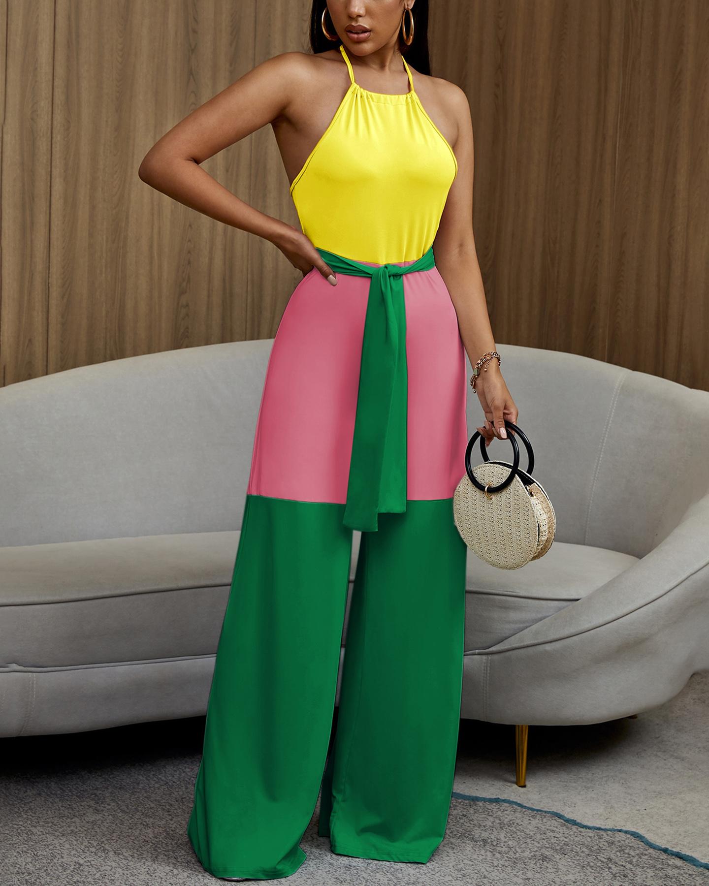

Halter Contrast Color Sleeveless Jumpsuits, Green