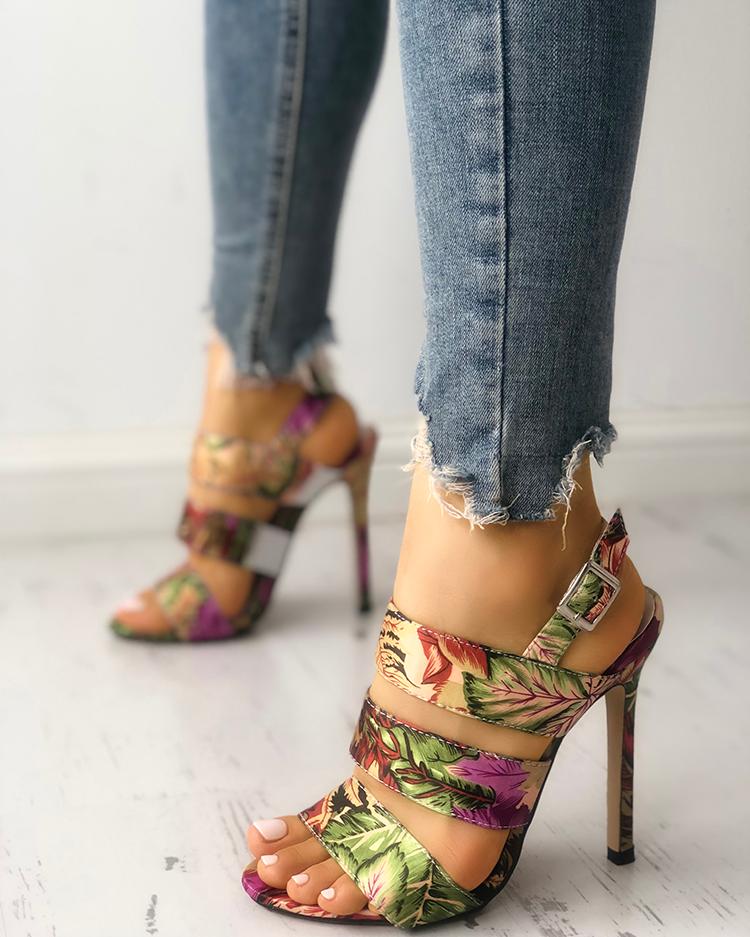 

Leaf Print Bandage Thin Heeled Sandals, Multicolor