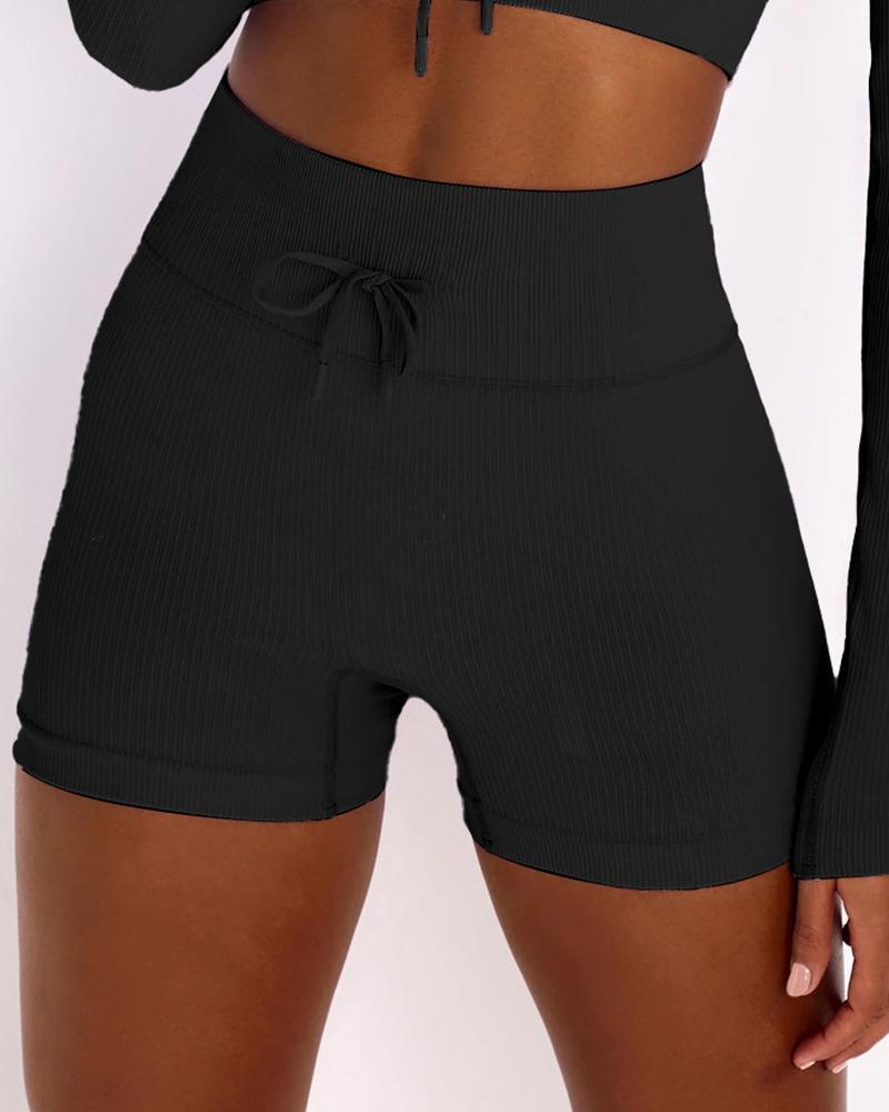 

Drawstring Knitted High Waist Sport Short Pants, Black
