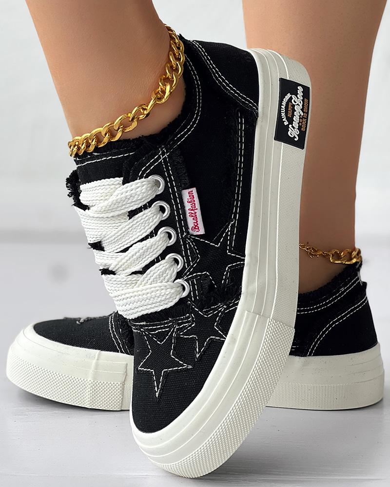 

Star Pattern Raw Hem Denim Sneakers, Black